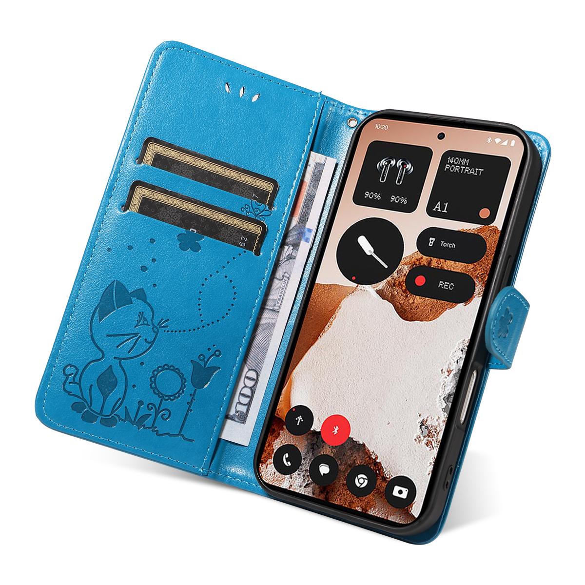 For Nothing CMF Phone 2 Pro Cat and Bee Embossed Flip Leather Phone Case Wallet Cover with Card Slots Cash Pocket Magnetic Stand Protective Shockproof TPU PU Leather Case with Wrist Strap