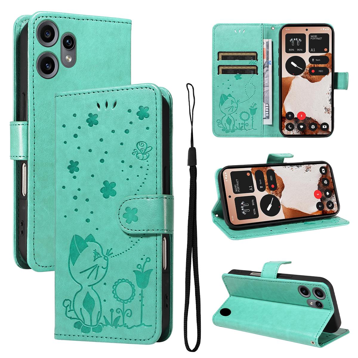 For Nothing CMF Phone 2 Pro Cat and Bee Embossed Flip Leather Phone Case Wallet Cover with Card Slots Cash Pocket Magnetic Stand Protective Shockproof TPU PU Leather Case with Wrist Strap