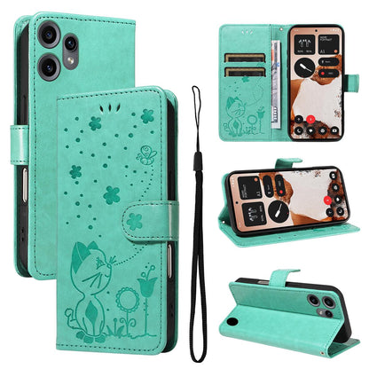 For Nothing CMF Phone 2 Pro Cat and Bee Embossed Flip Leather Phone Case Wallet Cover with Card Slots Cash Pocket Magnetic Stand Protective Shockproof TPU PU Leather Case with Wrist Strap