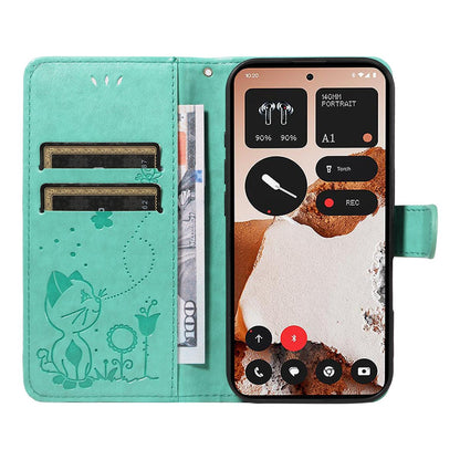 For Nothing CMF Phone 2 Pro Cat and Bee Embossed Flip Leather Phone Case Wallet Cover with Card Slots Cash Pocket Magnetic Stand Protective Shockproof TPU PU Leather Case with Wrist Strap