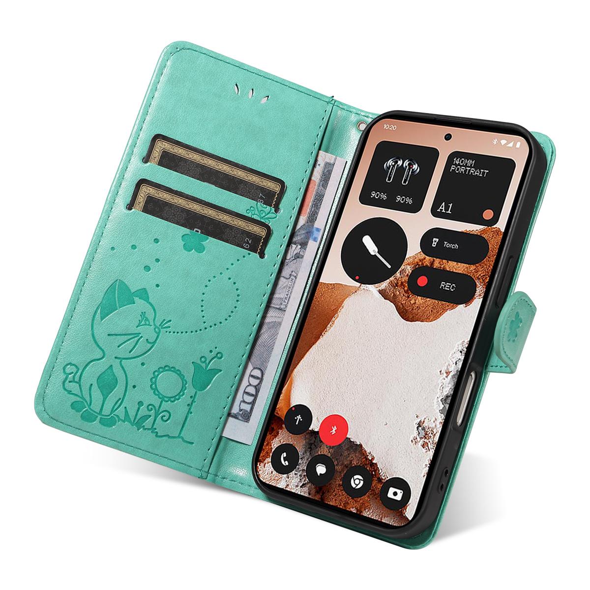 For Nothing CMF Phone 2 Pro Cat and Bee Embossed Flip Leather Phone Case Wallet Cover with Card Slots Cash Pocket Magnetic Stand Protective Shockproof TPU PU Leather Case with Wrist Strap