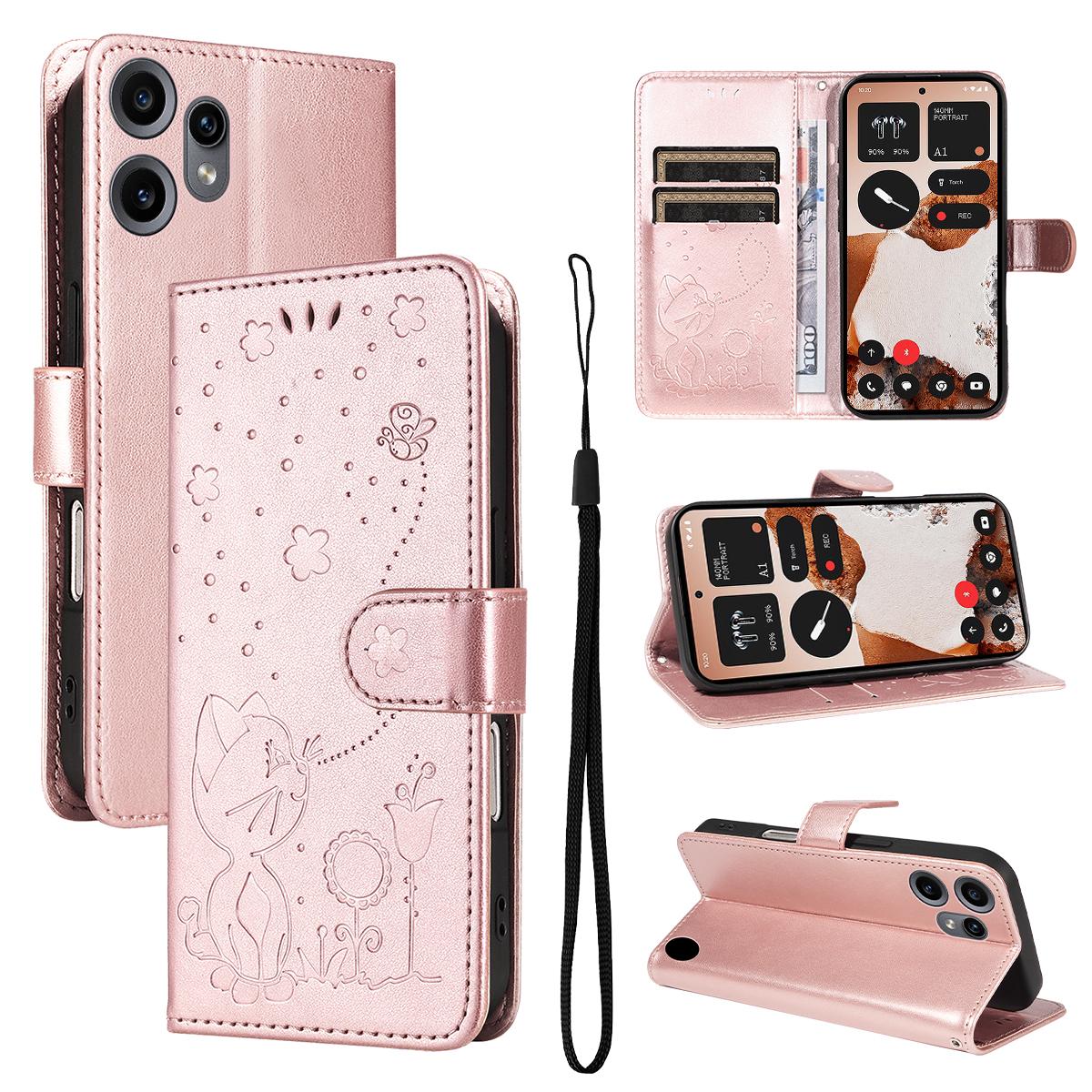 For Nothing CMF Phone 2 Pro Cat and Bee Embossed Flip Leather Phone Case Wallet Cover with Card Slots Cash Pocket Magnetic Stand Protective Shockproof TPU PU Leather Case with Wrist Strap