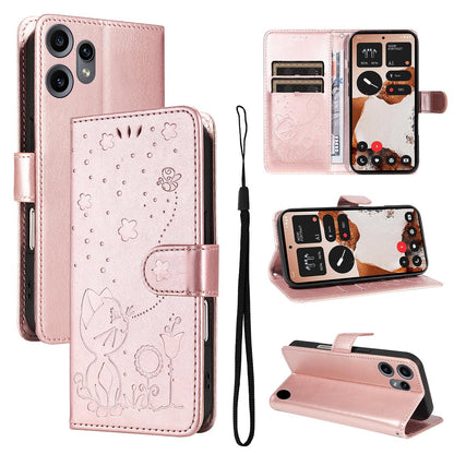 For Nothing CMF Phone 2 Pro Cat and Bee Embossed Flip Leather Phone Case Wallet Cover with Card Slots Cash Pocket Magnetic Stand Protective Shockproof TPU PU Leather Case with Wrist Strap
