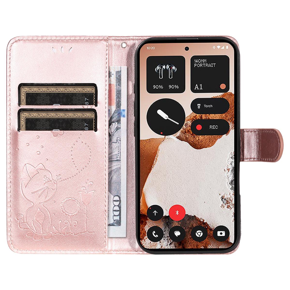 For Nothing CMF Phone 2 Pro Cat and Bee Embossed Flip Leather Phone Case Wallet Cover with Card Slots Cash Pocket Magnetic Stand Protective Shockproof TPU PU Leather Case with Wrist Strap