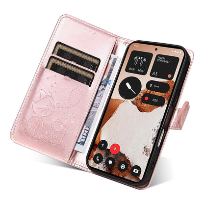 For Nothing CMF Phone 2 Pro Cat and Bee Embossed Flip Leather Phone Case Wallet Cover with Card Slots Cash Pocket Magnetic Stand Protective Shockproof TPU PU Leather Case with Wrist Strap