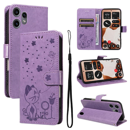 For Nothing CMF Phone 2 Pro Cat and Bee Embossed Flip Leather Phone Case Wallet Cover with Card Slots Cash Pocket Magnetic Stand Protective Shockproof TPU PU Leather Case with Wrist Strap