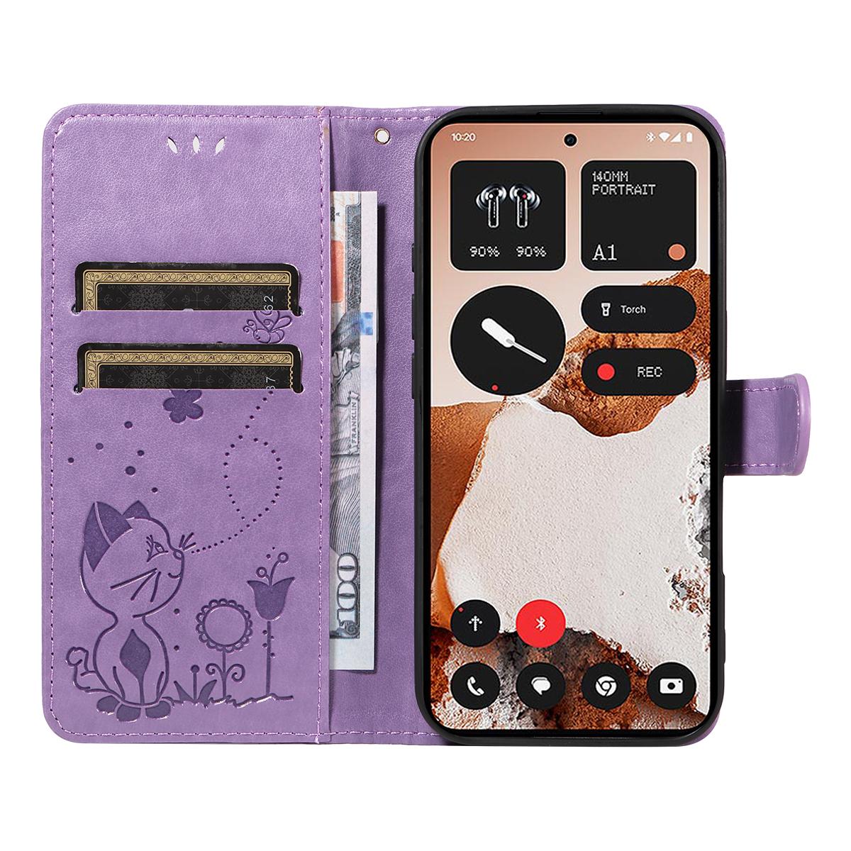 For Nothing CMF Phone 2 Pro Cat and Bee Embossed Flip Leather Phone Case Wallet Cover with Card Slots Cash Pocket Magnetic Stand Protective Shockproof TPU PU Leather Case with Wrist Strap