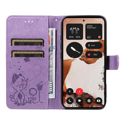 For Nothing CMF Phone 2 Pro Cat and Bee Embossed Flip Leather Phone Case Wallet Cover with Card Slots Cash Pocket Magnetic Stand Protective Shockproof TPU PU Leather Case with Wrist Strap