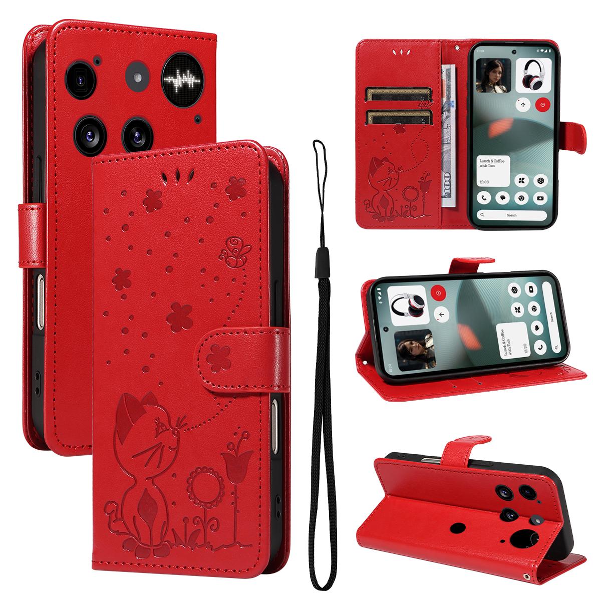 For Nothing Phone 3 Cat and Bee Embossed Flip Leather Phone Case Wallet Cover with Card Slots Cash Pocket Magnetic Stand Protective Shockproof TPU PU Leather Case with Wrist Strap