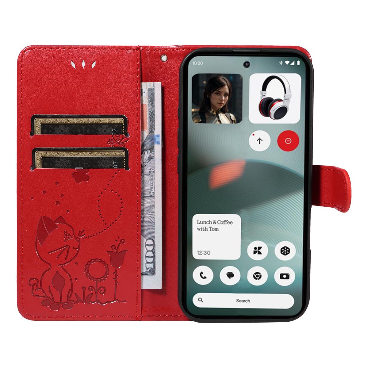 For Nothing Phone 3 Cat and Bee Embossed Flip Leather Phone Case Wallet Cover with Card Slots Cash Pocket Magnetic Stand Protective Shockproof TPU PU Leather Case with Wrist Strap