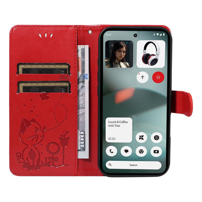 For Nothing Phone 3 Cat and Bee Embossed Flip Leather Phone Case Wallet Cover with Card Slots Cash Pocket Magnetic Stand Protective Shockproof TPU PU Leather Case with Wrist Strap