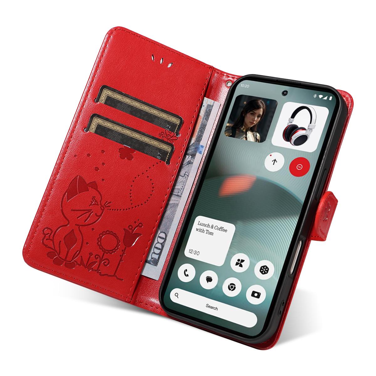 For Nothing Phone 3 Cat and Bee Embossed Flip Leather Phone Case Wallet Cover with Card Slots Cash Pocket Magnetic Stand Protective Shockproof TPU PU Leather Case with Wrist Strap