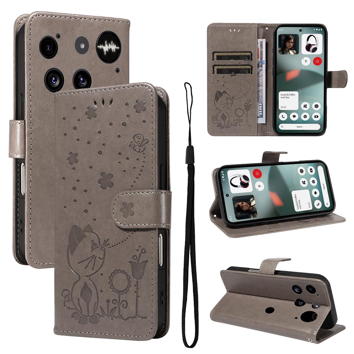 For Nothing Phone 3 Cat and Bee Embossed Flip Leather Phone Case Wallet Cover with Card Slots Cash Pocket Magnetic Stand Protective Shockproof TPU PU Leather Case with Wrist Strap