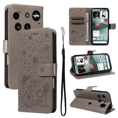 For Nothing Phone 3 Cat and Bee Embossed Flip Leather Phone Case Wallet Cover with Card Slots Cash Pocket Magnetic Stand Protective Shockproof TPU PU Leather Case with Wrist Strap