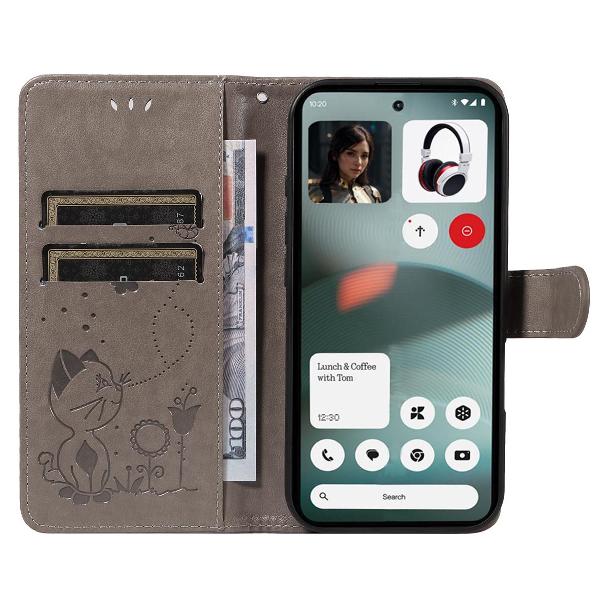 For Nothing Phone 3 Cat and Bee Embossed Flip Leather Phone Case Wallet Cover with Card Slots Cash Pocket Magnetic Stand Protective Shockproof TPU PU Leather Case with Wrist Strap