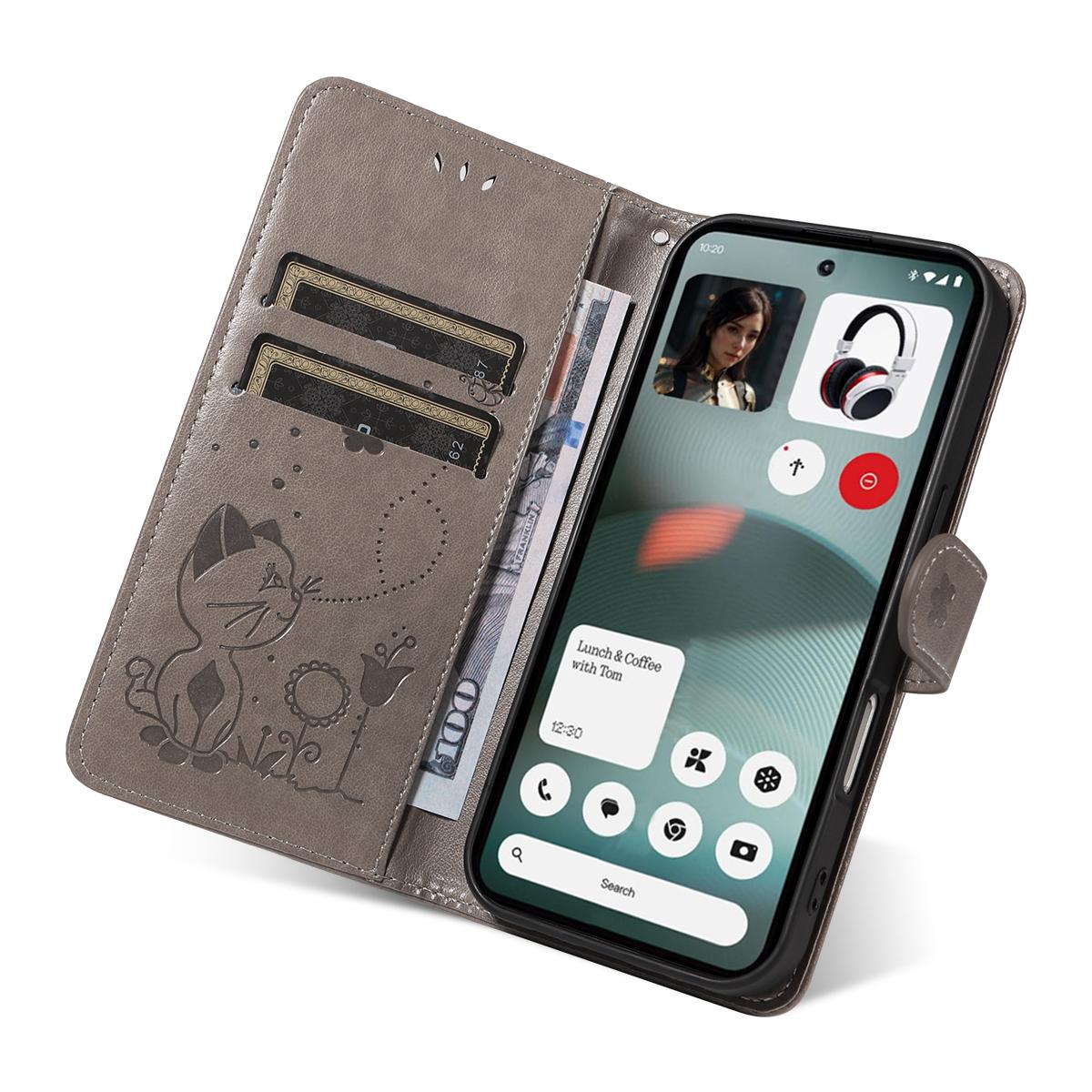 For Nothing Phone 3 Cat and Bee Embossed Flip Leather Phone Case Wallet Cover with Card Slots Cash Pocket Magnetic Stand Protective Shockproof TPU PU Leather Case with Wrist Strap