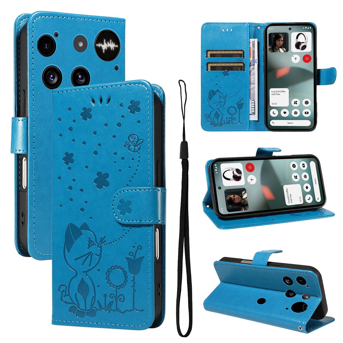 For Nothing Phone 3 Cat and Bee Embossed Flip Leather Phone Case Wallet Cover with Card Slots Cash Pocket Magnetic Stand Protective Shockproof TPU PU Leather Case with Wrist Strap