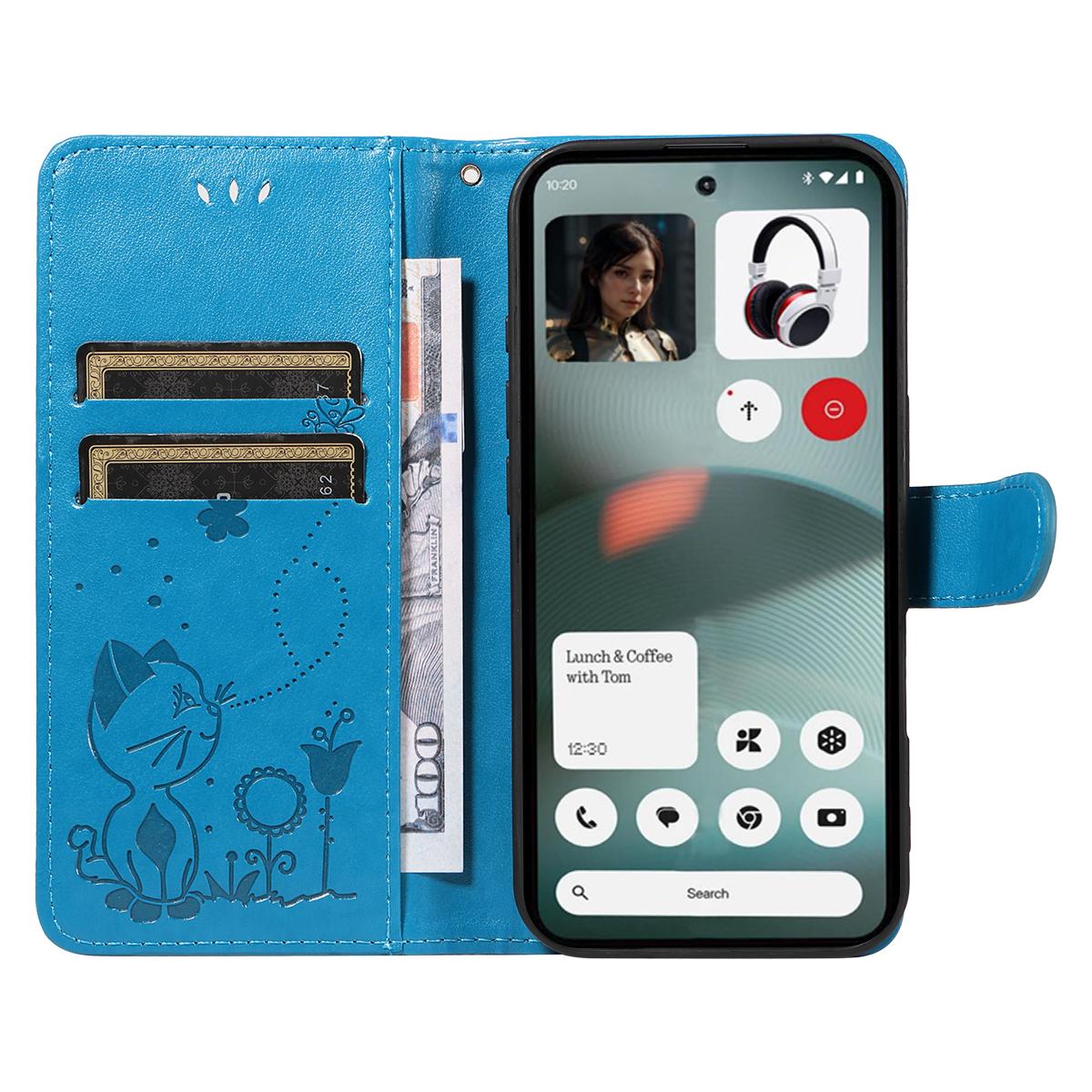 For Nothing Phone 3 Cat and Bee Embossed Flip Leather Phone Case Wallet Cover with Card Slots Cash Pocket Magnetic Stand Protective Shockproof TPU PU Leather Case with Wrist Strap