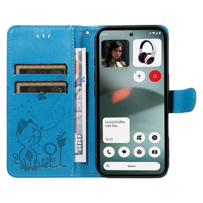 For Nothing Phone 3 Cat and Bee Embossed Flip Leather Phone Case Wallet Cover with Card Slots Cash Pocket Magnetic Stand Protective Shockproof TPU PU Leather Case with Wrist Strap