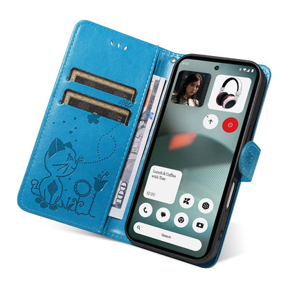 For Nothing Phone 3 Cat and Bee Embossed Flip Leather Phone Case Wallet Cover with Card Slots Cash Pocket Magnetic Stand Protective Shockproof TPU PU Leather Case with Wrist Strap