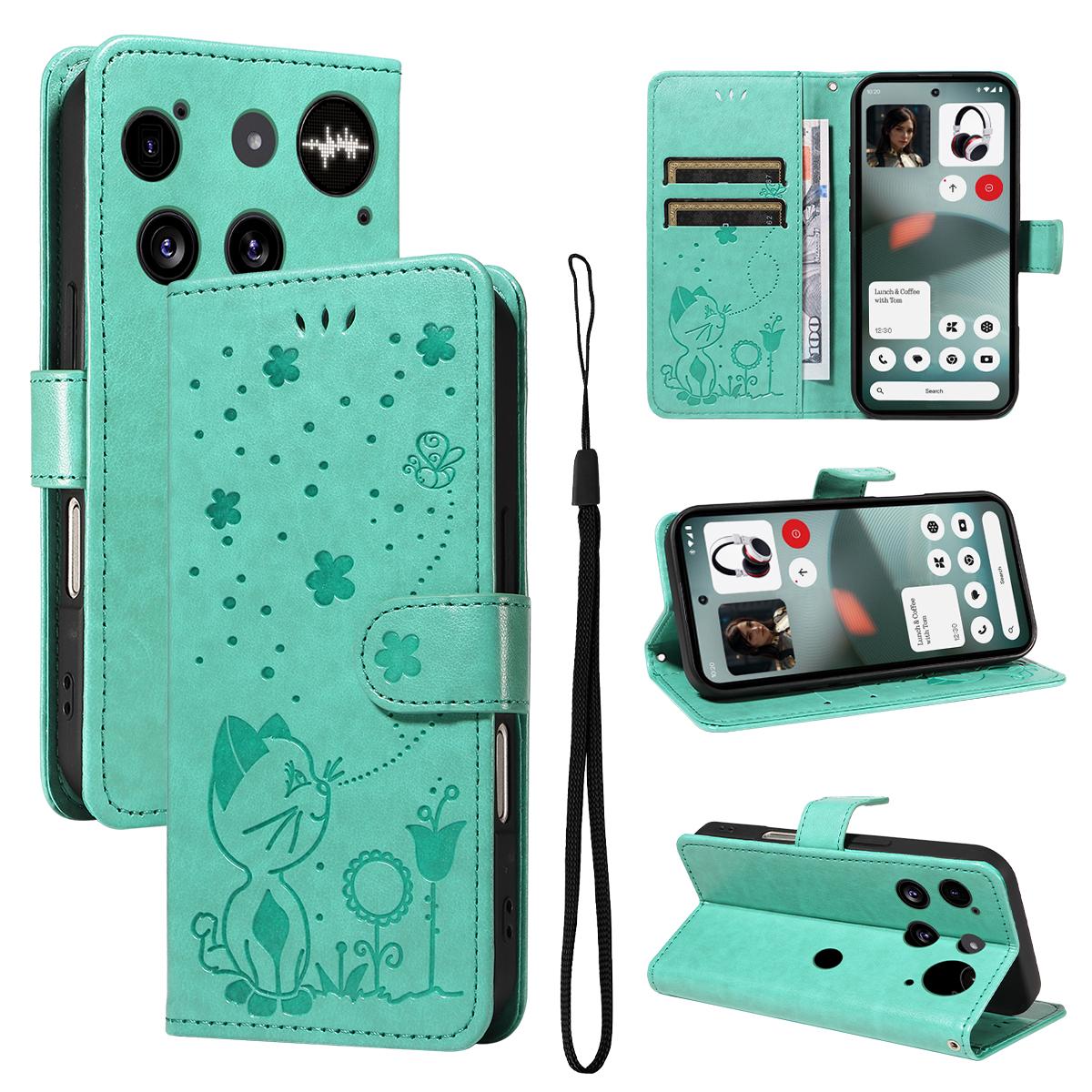For Nothing Phone 3 Cat and Bee Embossed Flip Leather Phone Case Wallet Cover with Card Slots Cash Pocket Magnetic Stand Protective Shockproof TPU PU Leather Case with Wrist Strap