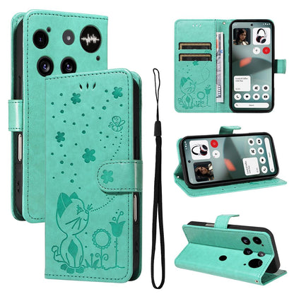 For Nothing Phone 3 Cat and Bee Embossed Flip Leather Phone Case Wallet Cover with Card Slots Cash Pocket Magnetic Stand Protective Shockproof TPU PU Leather Case with Wrist Strap