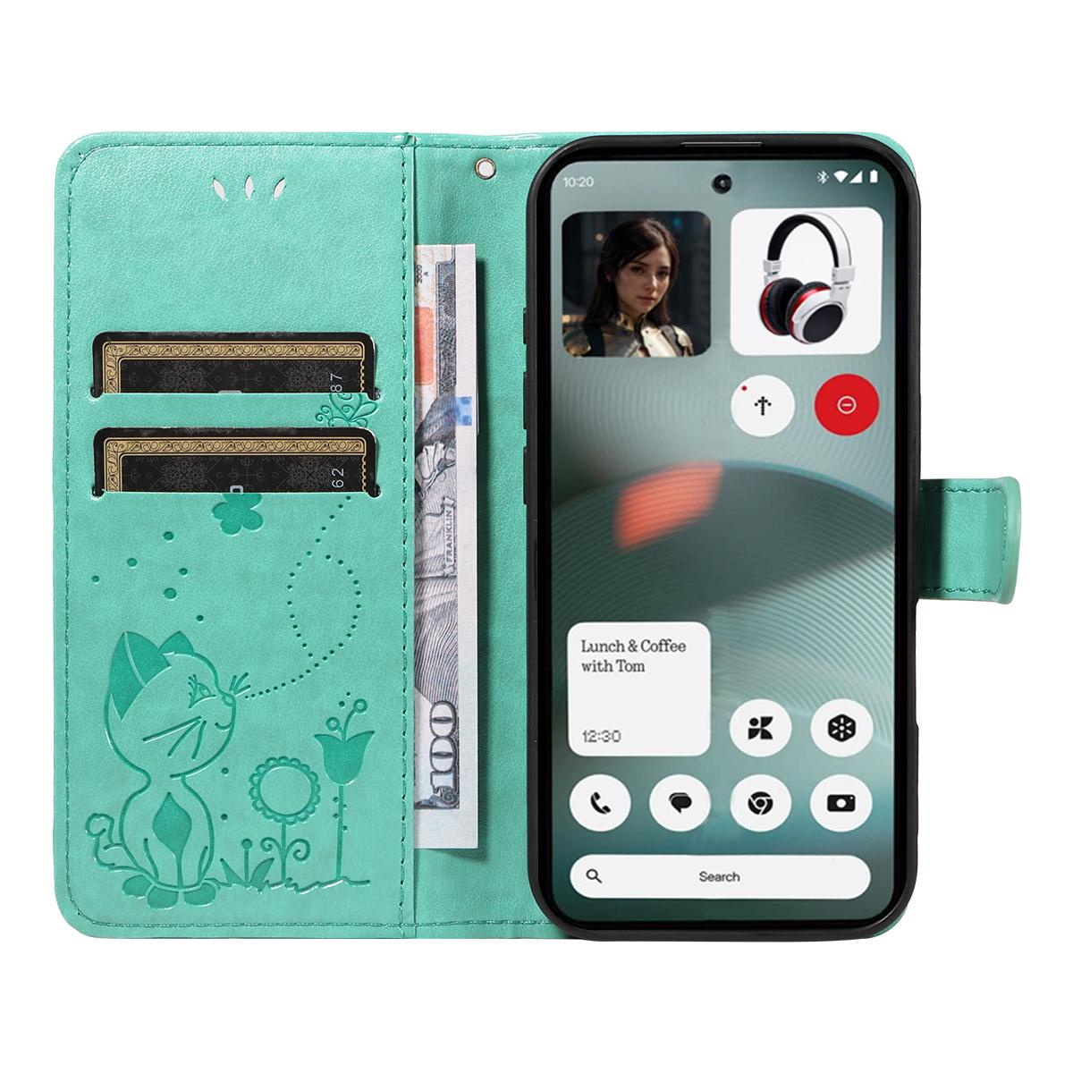 For Nothing Phone 3 Cat and Bee Embossed Flip Leather Phone Case Wallet Cover with Card Slots Cash Pocket Magnetic Stand Protective Shockproof TPU PU Leather Case with Wrist Strap