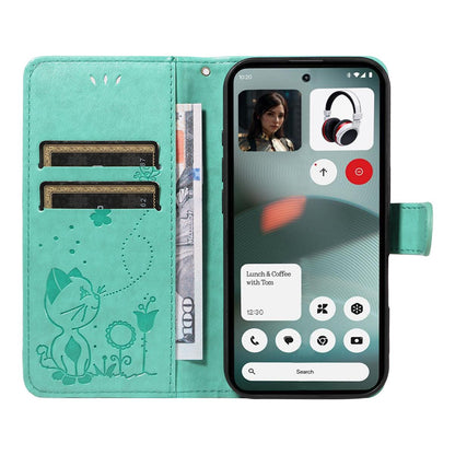 For Nothing Phone 3 Cat and Bee Embossed Flip Leather Phone Case Wallet Cover with Card Slots Cash Pocket Magnetic Stand Protective Shockproof TPU PU Leather Case with Wrist Strap