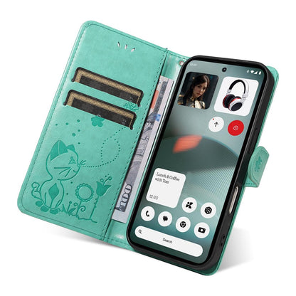 For Nothing Phone 3 Cat and Bee Embossed Flip Leather Phone Case Wallet Cover with Card Slots Cash Pocket Magnetic Stand Protective Shockproof TPU PU Leather Case with Wrist Strap