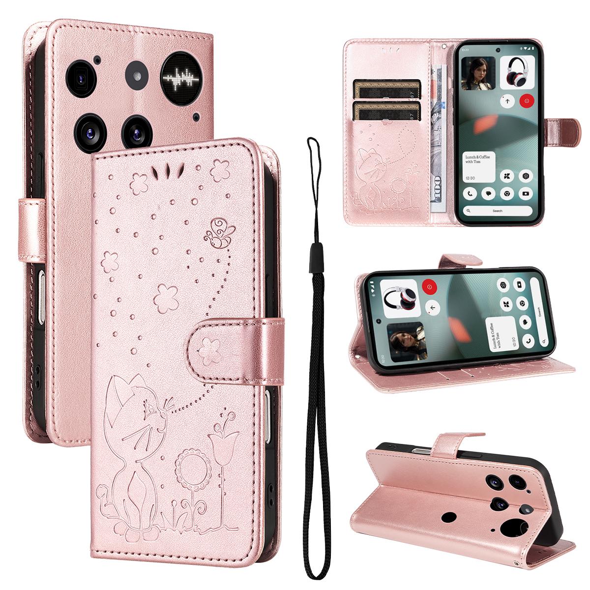 For Nothing Phone 3 Cat and Bee Embossed Flip Leather Phone Case Wallet Cover with Card Slots Cash Pocket Magnetic Stand Protective Shockproof TPU PU Leather Case with Wrist Strap