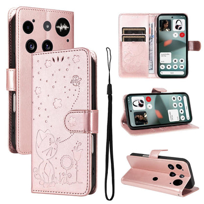 For Nothing Phone 3 Cat and Bee Embossed Flip Leather Phone Case Wallet Cover with Card Slots Cash Pocket Magnetic Stand Protective Shockproof TPU PU Leather Case with Wrist Strap