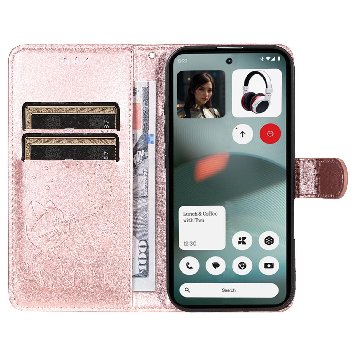 For Nothing Phone 3 Cat and Bee Embossed Flip Leather Phone Case Wallet Cover with Card Slots Cash Pocket Magnetic Stand Protective Shockproof TPU PU Leather Case with Wrist Strap