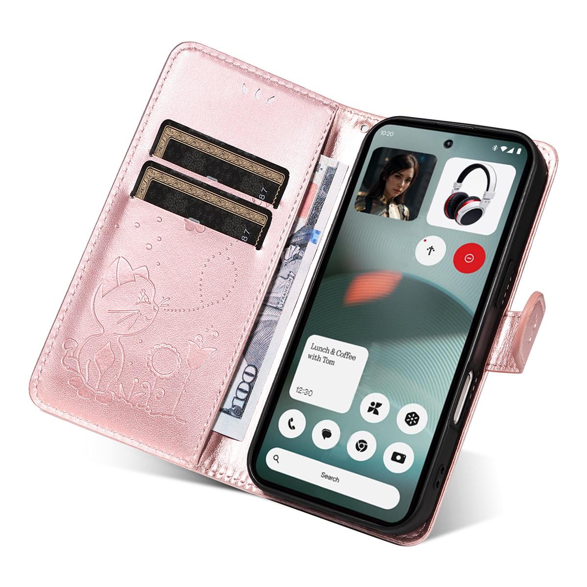For Nothing Phone 3 Cat and Bee Embossed Flip Leather Phone Case Wallet Cover with Card Slots Cash Pocket Magnetic Stand Protective Shockproof TPU PU Leather Case with Wrist Strap