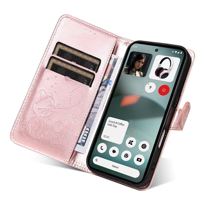 For Nothing Phone 3 Cat and Bee Embossed Flip Leather Phone Case Wallet Cover with Card Slots Cash Pocket Magnetic Stand Protective Shockproof TPU PU Leather Case with Wrist Strap