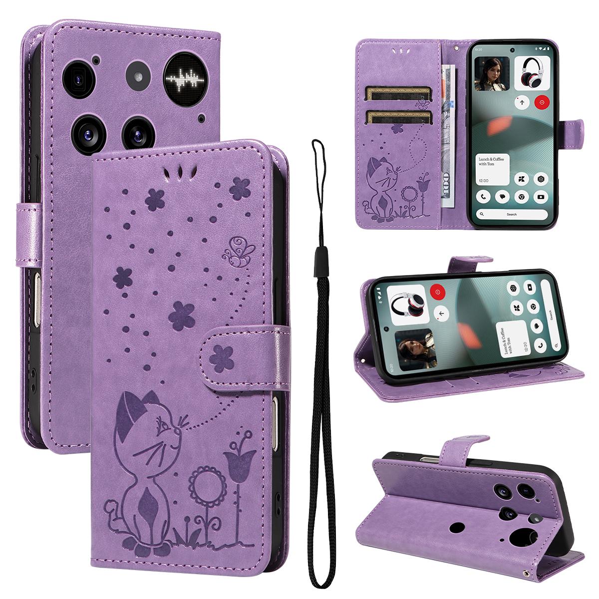 For Nothing Phone 3 Cat and Bee Embossed Flip Leather Phone Case Wallet Cover with Card Slots Cash Pocket Magnetic Stand Protective Shockproof TPU PU Leather Case with Wrist Strap