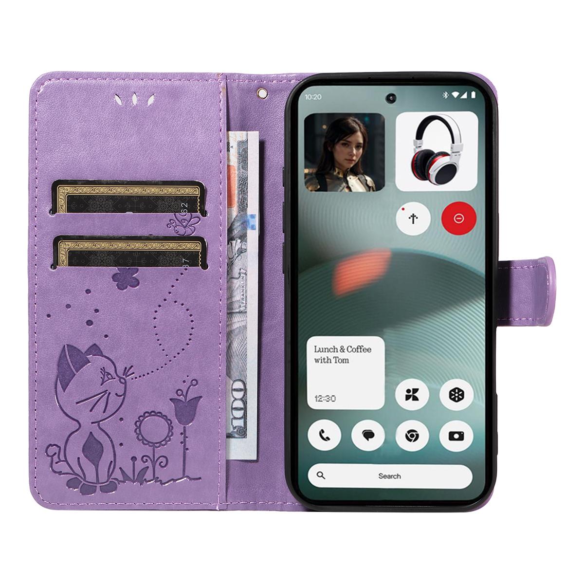 For Nothing Phone 3 Cat and Bee Embossed Flip Leather Phone Case Wallet Cover with Card Slots Cash Pocket Magnetic Stand Protective Shockproof TPU PU Leather Case with Wrist Strap