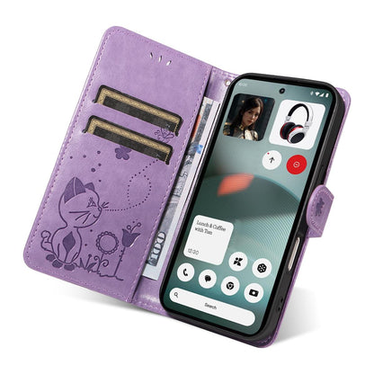 For Nothing Phone 3 Cat and Bee Embossed Flip Leather Phone Case Wallet Cover with Card Slots Cash Pocket Magnetic Stand Protective Shockproof TPU PU Leather Case with Wrist Strap
