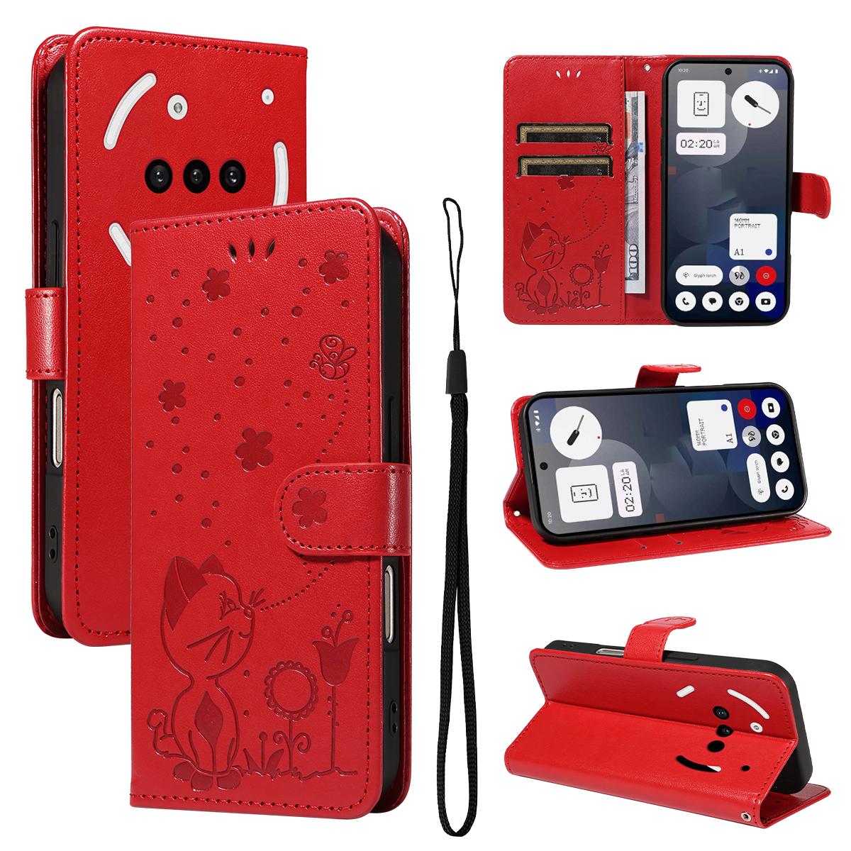 For Nothing Phone 3A Cat and Bee Embossed Flip Leather Phone Case Wallet Cover with Card Slots Cash Pocket Magnetic Stand Protective Shockproof TPU PU Leather Case with Wrist Strap