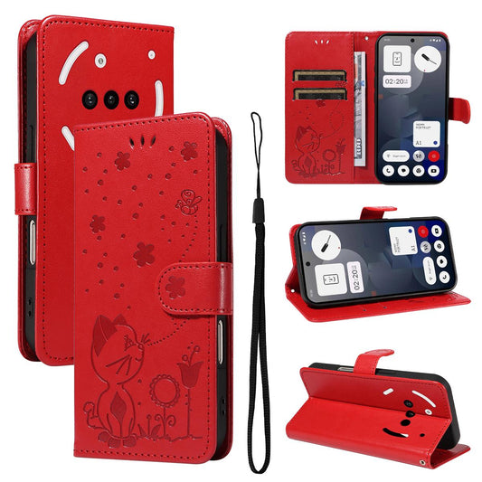 For Nothing Phone 3A Cat and Bee Embossed Flip Leather Phone Case Wallet Cover with Card Slots Cash Pocket Magnetic Stand Protective Shockproof TPU PU Leather Case with Wrist Strap