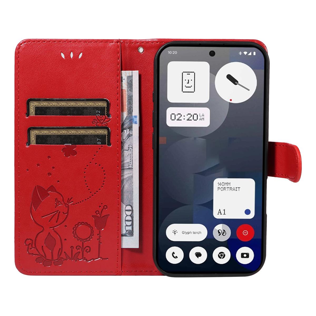For Nothing Phone 3A Cat and Bee Embossed Flip Leather Phone Case Wallet Cover with Card Slots Cash Pocket Magnetic Stand Protective Shockproof TPU PU Leather Case with Wrist Strap