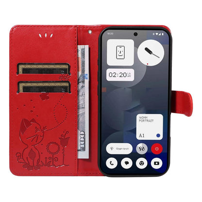 For Nothing Phone 3A Cat and Bee Embossed Flip Leather Phone Case Wallet Cover with Card Slots Cash Pocket Magnetic Stand Protective Shockproof TPU PU Leather Case with Wrist Strap