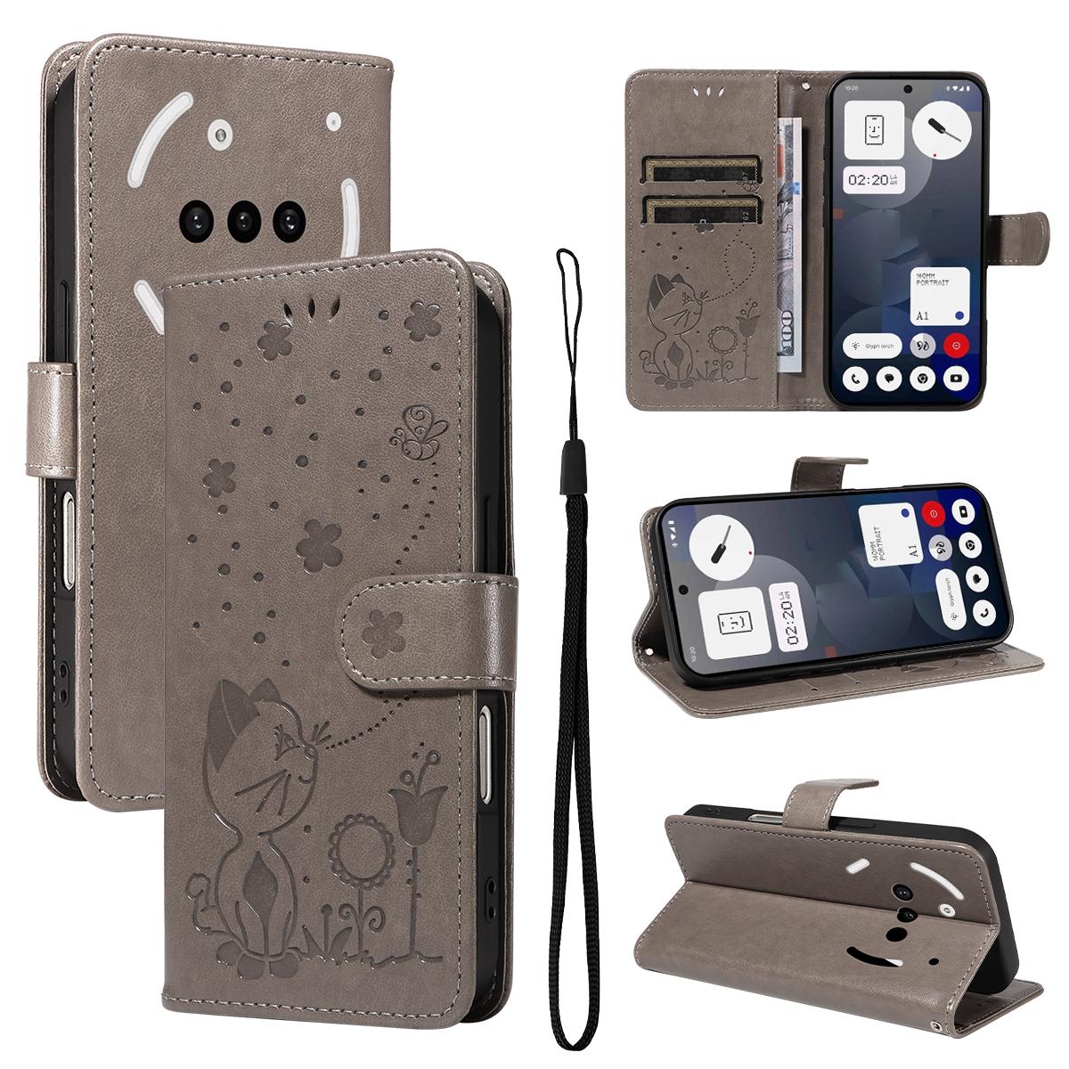 For Nothing Phone 3A Cat and Bee Embossed Flip Leather Phone Case Wallet Cover with Card Slots Cash Pocket Magnetic Stand Protective Shockproof TPU PU Leather Case with Wrist Strap