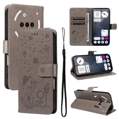 For Nothing Phone 3A Cat and Bee Embossed Flip Leather Phone Case Wallet Cover with Card Slots Cash Pocket Magnetic Stand Protective Shockproof TPU PU Leather Case with Wrist Strap