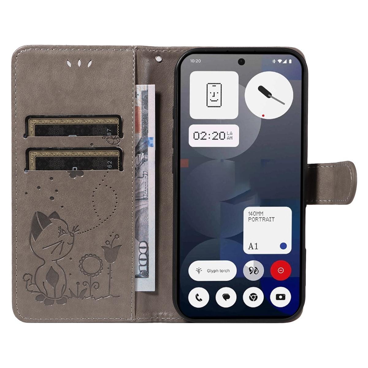 For Nothing Phone 3A Cat and Bee Embossed Flip Leather Phone Case Wallet Cover with Card Slots Cash Pocket Magnetic Stand Protective Shockproof TPU PU Leather Case with Wrist Strap
