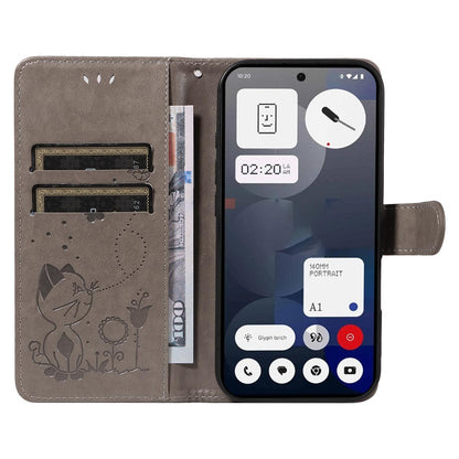 For Nothing Phone 3A Cat and Bee Embossed Flip Leather Phone Case Wallet Cover with Card Slots Cash Pocket Magnetic Stand Protective Shockproof TPU PU Leather Case with Wrist Strap