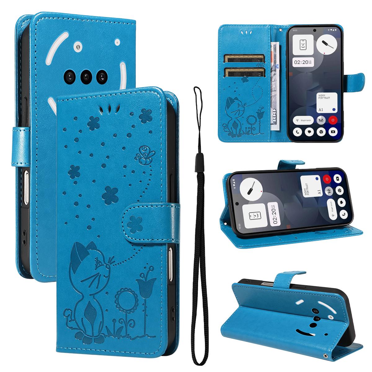 For Nothing Phone 3A Cat and Bee Embossed Flip Leather Phone Case Wallet Cover with Card Slots Cash Pocket Magnetic Stand Protective Shockproof TPU PU Leather Case with Wrist Strap