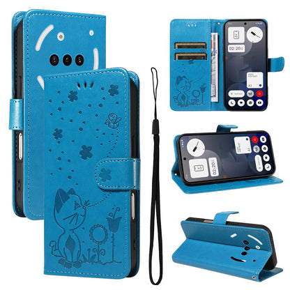 For Nothing Phone 3A Cat and Bee Embossed Flip Leather Phone Case Wallet Cover with Card Slots Cash Pocket Magnetic Stand Protective Shockproof TPU PU Leather Case with Wrist Strap