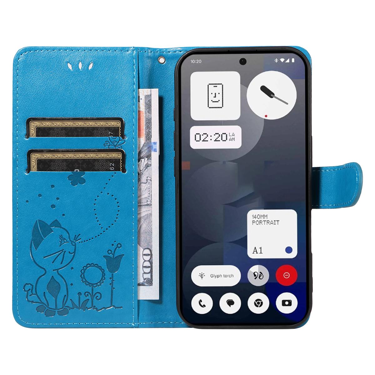 For Nothing Phone 3A Cat and Bee Embossed Flip Leather Phone Case Wallet Cover with Card Slots Cash Pocket Magnetic Stand Protective Shockproof TPU PU Leather Case with Wrist Strap