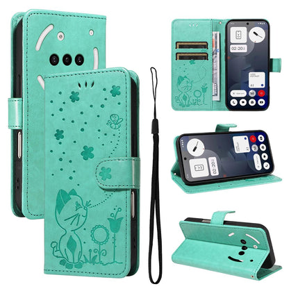 For Nothing Phone 3A Cat and Bee Embossed Flip Leather Phone Case Wallet Cover with Card Slots Cash Pocket Magnetic Stand Protective Shockproof TPU PU Leather Case with Wrist Strap