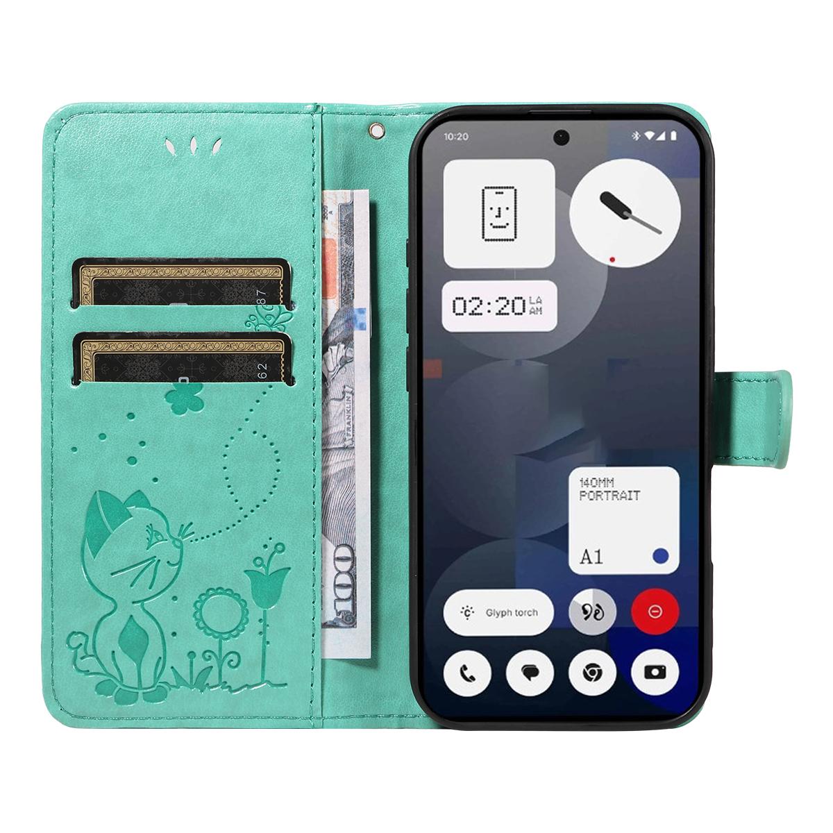 For Nothing Phone 3A Cat and Bee Embossed Flip Leather Phone Case Wallet Cover with Card Slots Cash Pocket Magnetic Stand Protective Shockproof TPU PU Leather Case with Wrist Strap